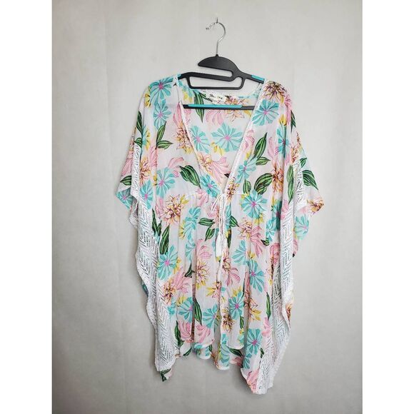 Miken Swim Floral Tie Waist Deep V Lace Trim Sheer Kaftan Swim Coverup Beach - Picture 1 of 5